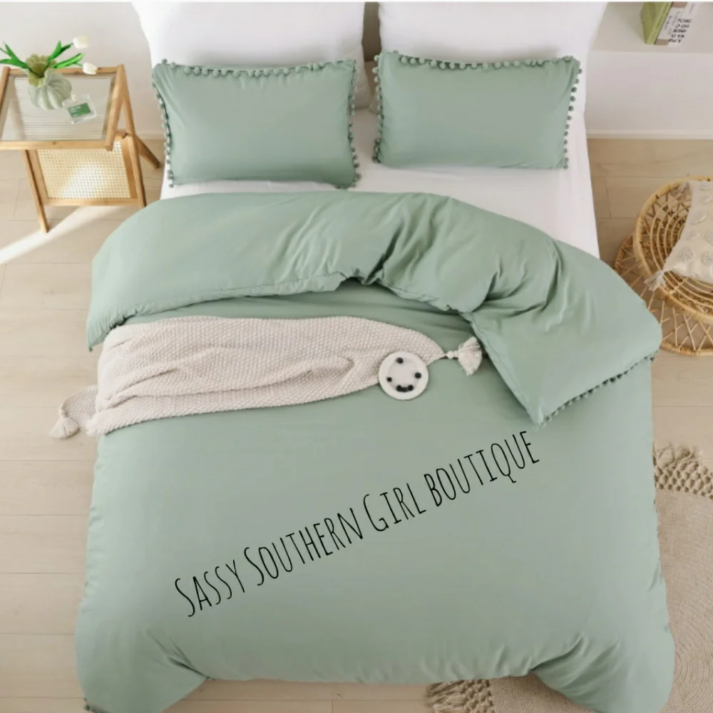 🆕⭐ Boho sage green pom pom comforter set